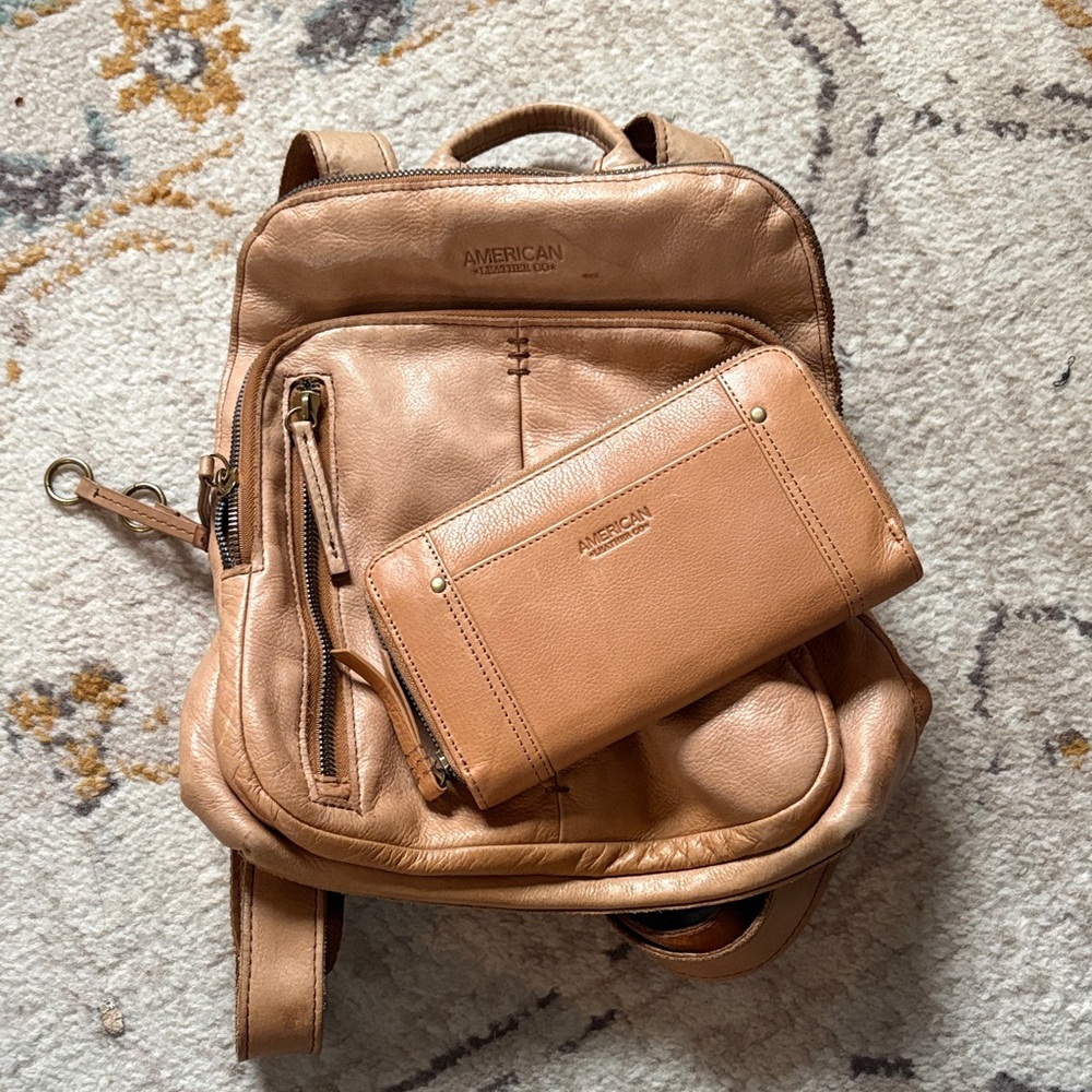 Leather Tan Backpack and Wallet Set